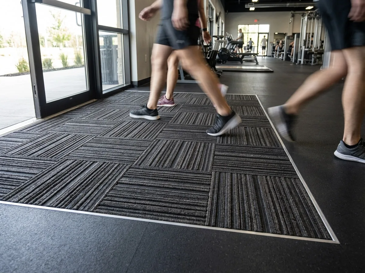 Tire tiles in fitness center entrance